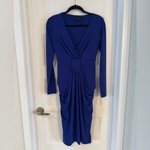 Marciano Cobalt Blue Long-Sleeve Draped V-Neck Dress